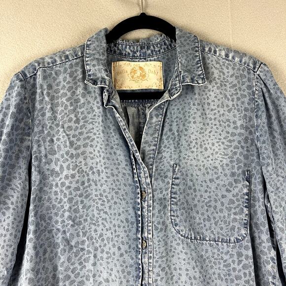 Bella Dahl Leopard Print Tencel Top Womens Medium Blue Button Down 3/4 Sleeve - Picture 3 of 16